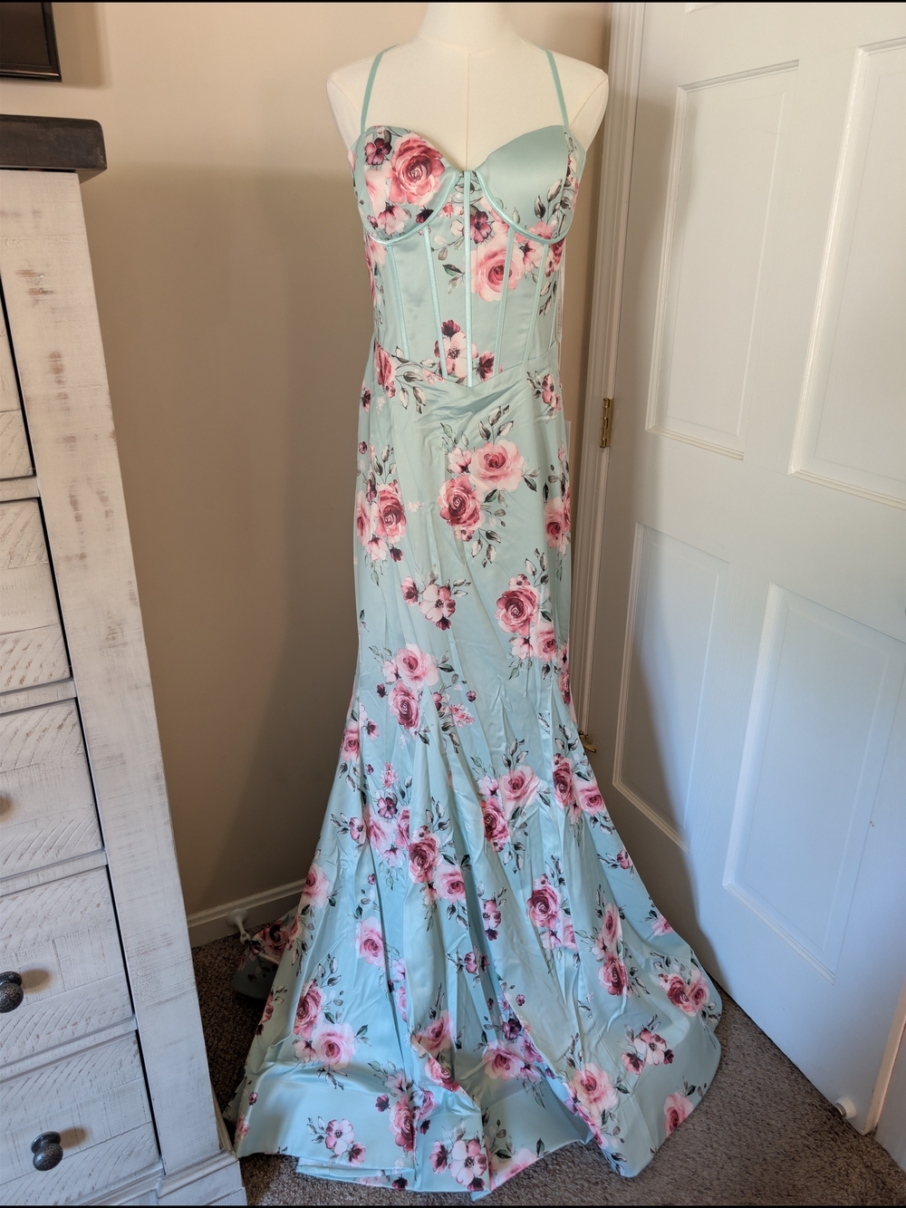 NWT Portia & Scarlett Mint Floral Corset Satin Mermaid Gown PS26000 Size 12